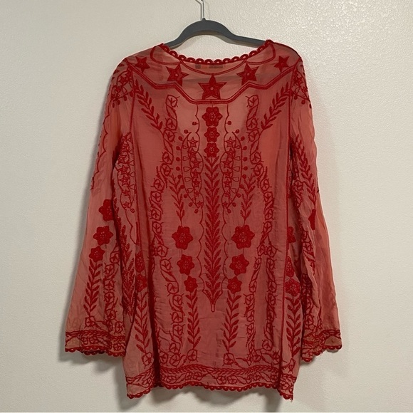 Origami by Vivian Sheer Embroidered Tunic Top Red Size Med/Large - Picture 6 of 12